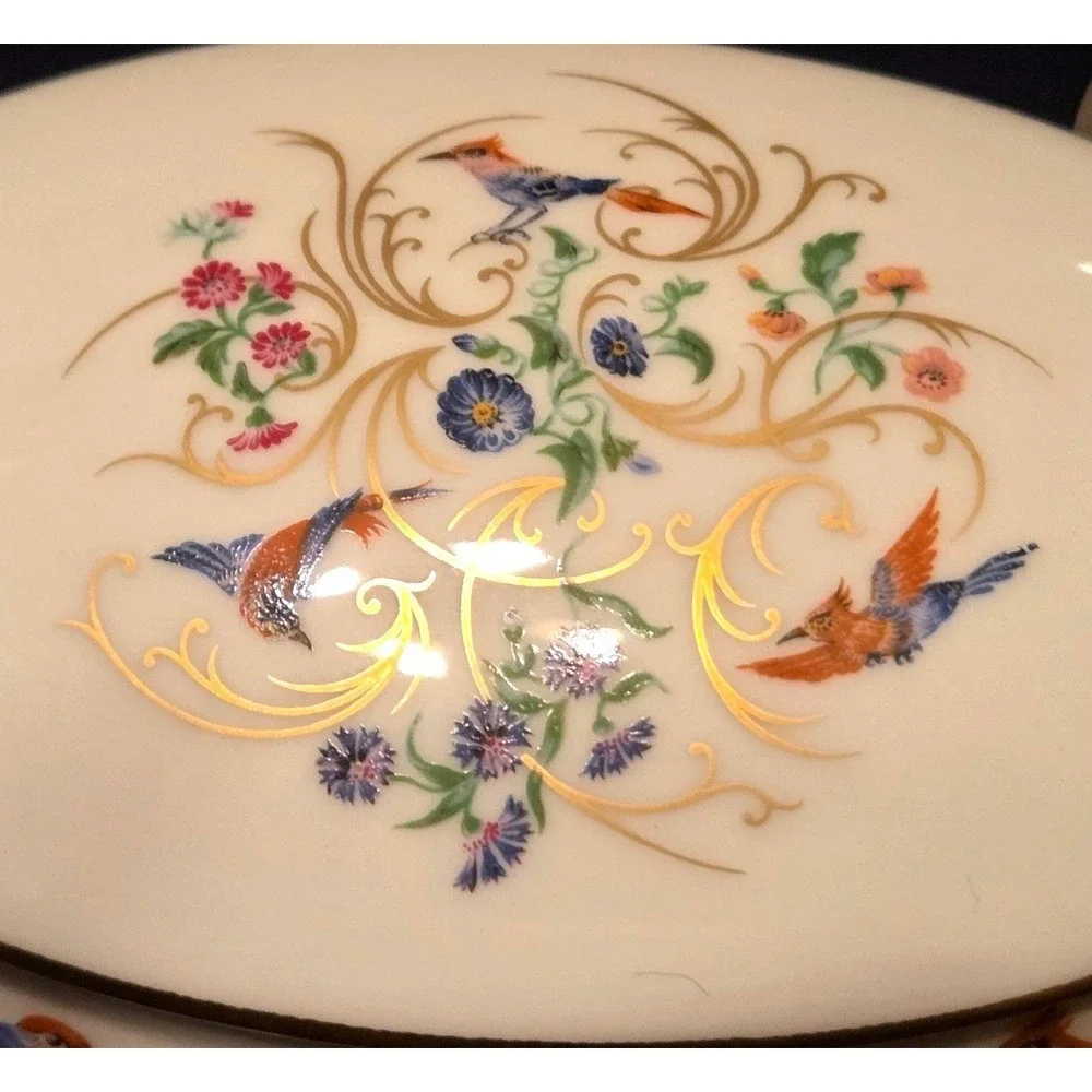 Limoges Trinket Bowl OvalSmall Cream Hand Painted Bird Floral Gold Scroll